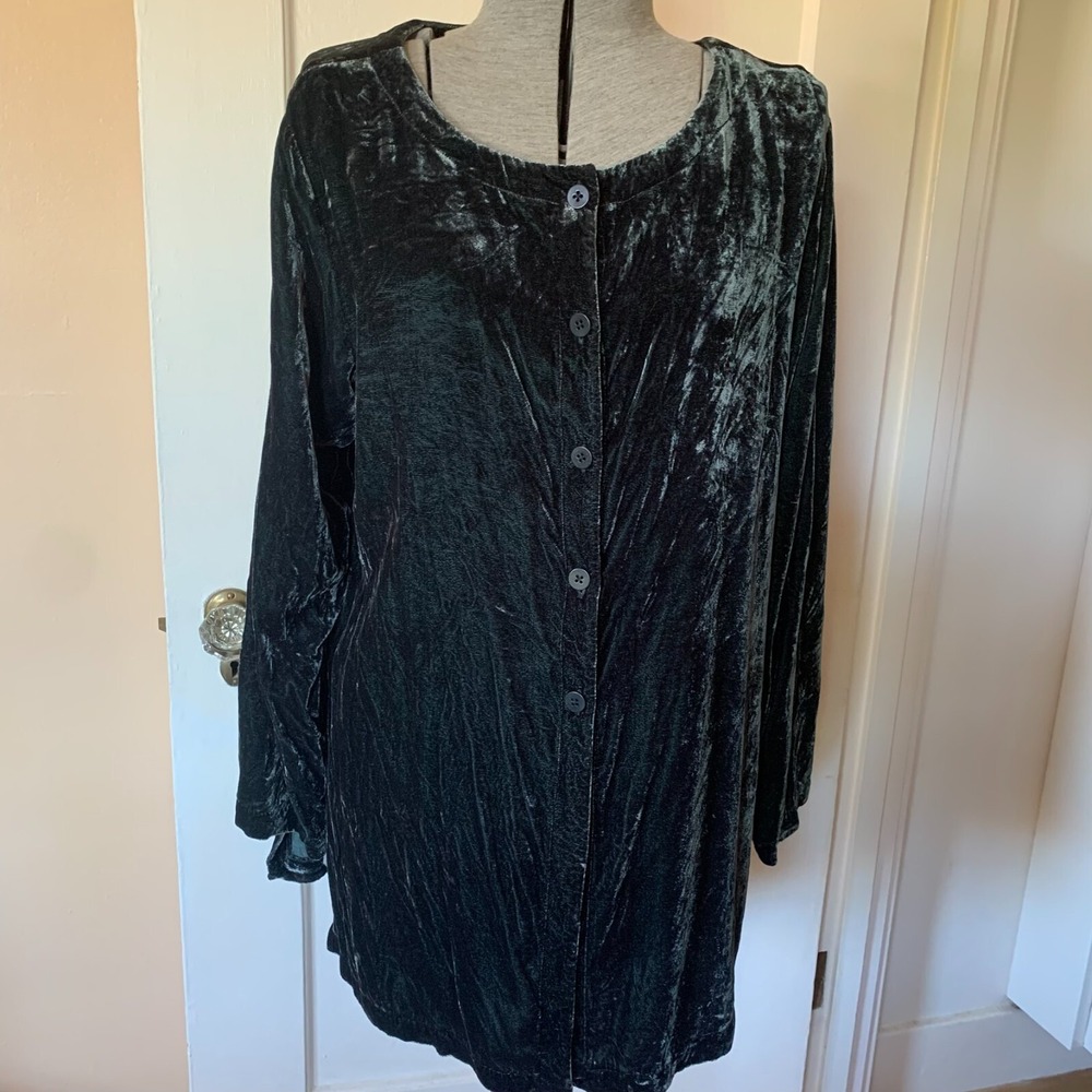 Eileen Fisher Dark Green Silk Blend Velvet Button Front Tunic Top M